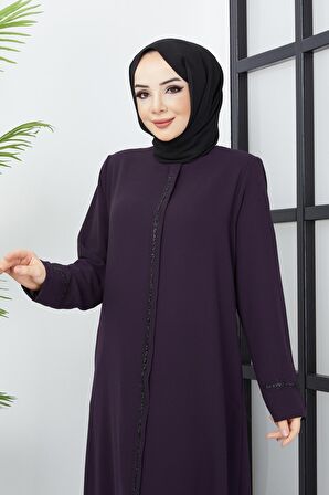 Büyük Beden Taş İşleme Detaylı Mürdüm Ferace 